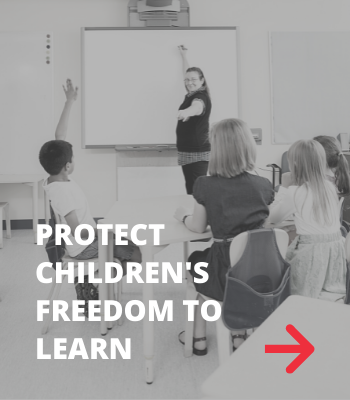 Protect children's freedom to learn and picture of classroom with students