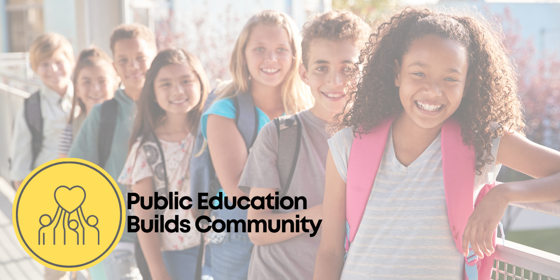 photo of school children with public education builds community logo
